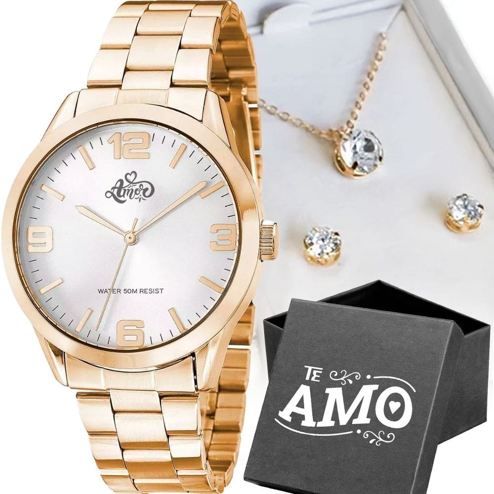 Relogio feminino dourado aço + caixa + pulseira + colar