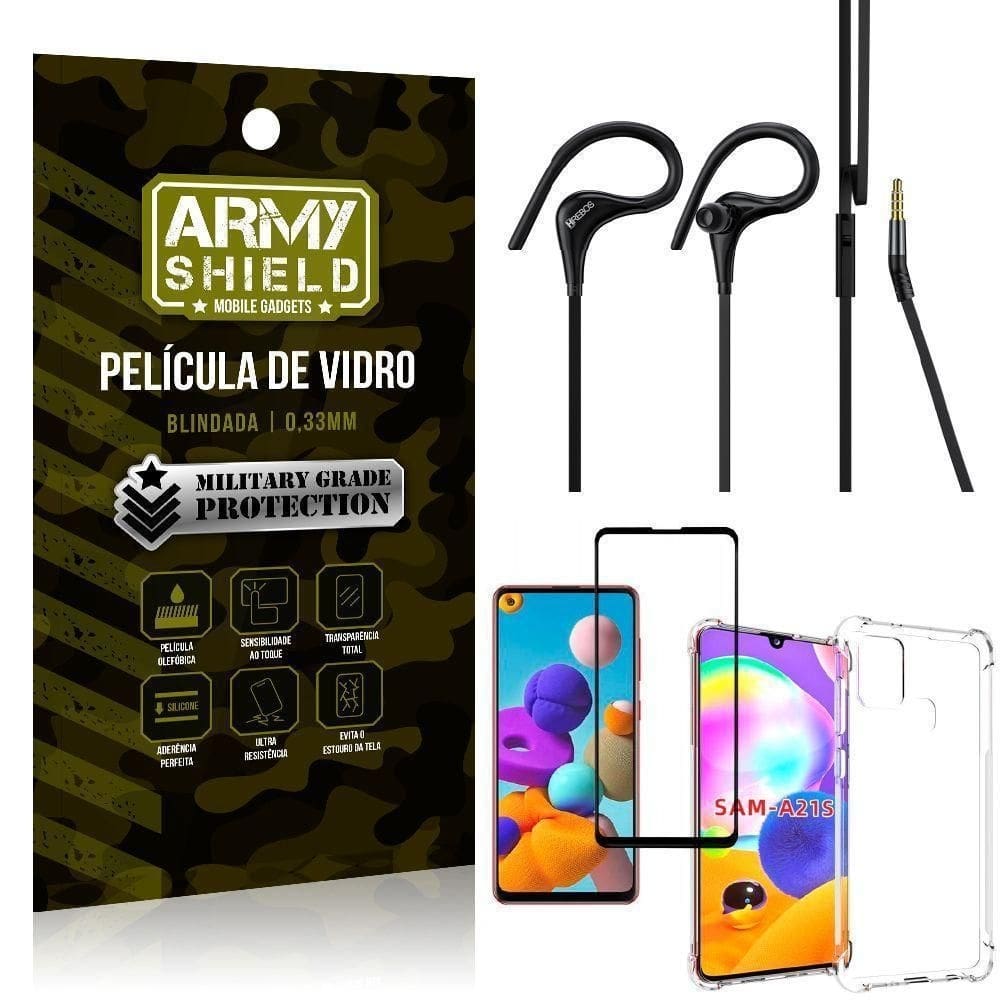 Capinha samsung a21s + fone sport hs92 + pelicula 3d