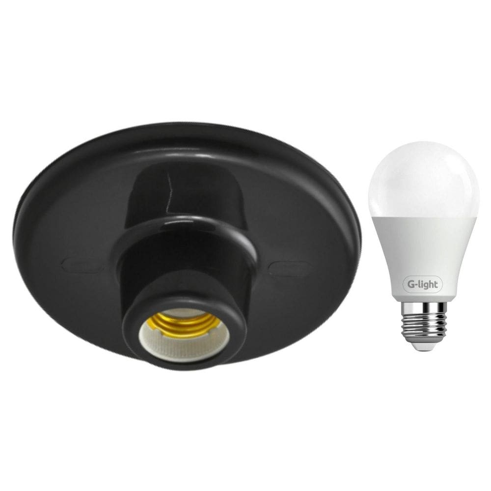 Kit plafonier plafon soquete e-27 preto com lâmpada led 12w autovolt cor da luz branca para sala quarto cozinha