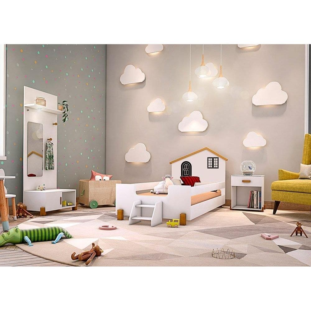 Cama Solteiro Belíssima Branca e Preta com 2 Luminárias e Colchão Divaloto