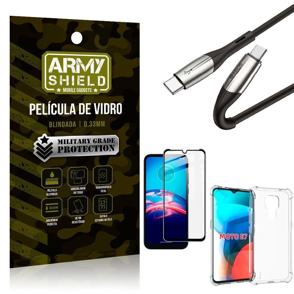 Cabo usb tipo c para usb-c hs167 moto e7+capinha+película 3d