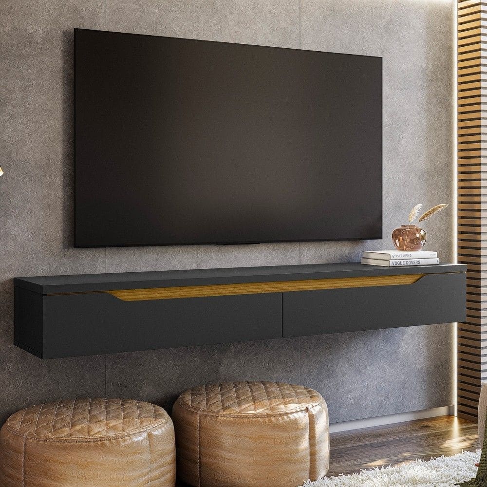 Nicho Suspenso Uno P/ Tvs até 55 Polegadas 160cm 2 Portas Preto/Cedro- Olivar Móveis