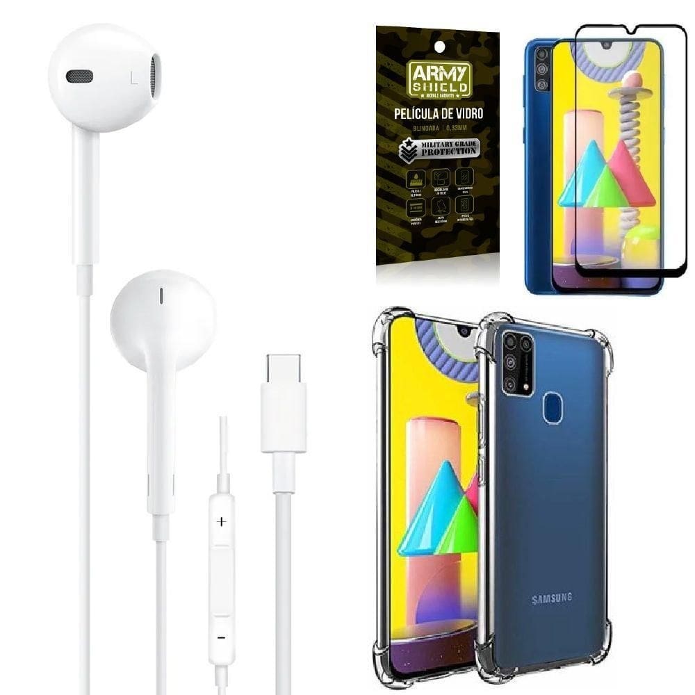 Capa samsung m31 + fone de ouvido tipo c + película 3d