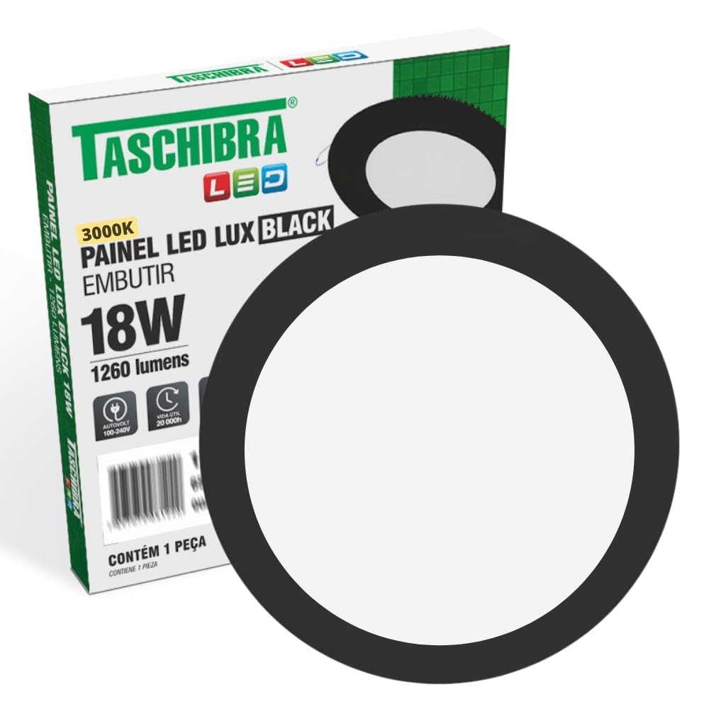 Painel de Led Redondo Embutir 12W Preto Bivolt Taschibra 3000K Luz Quente