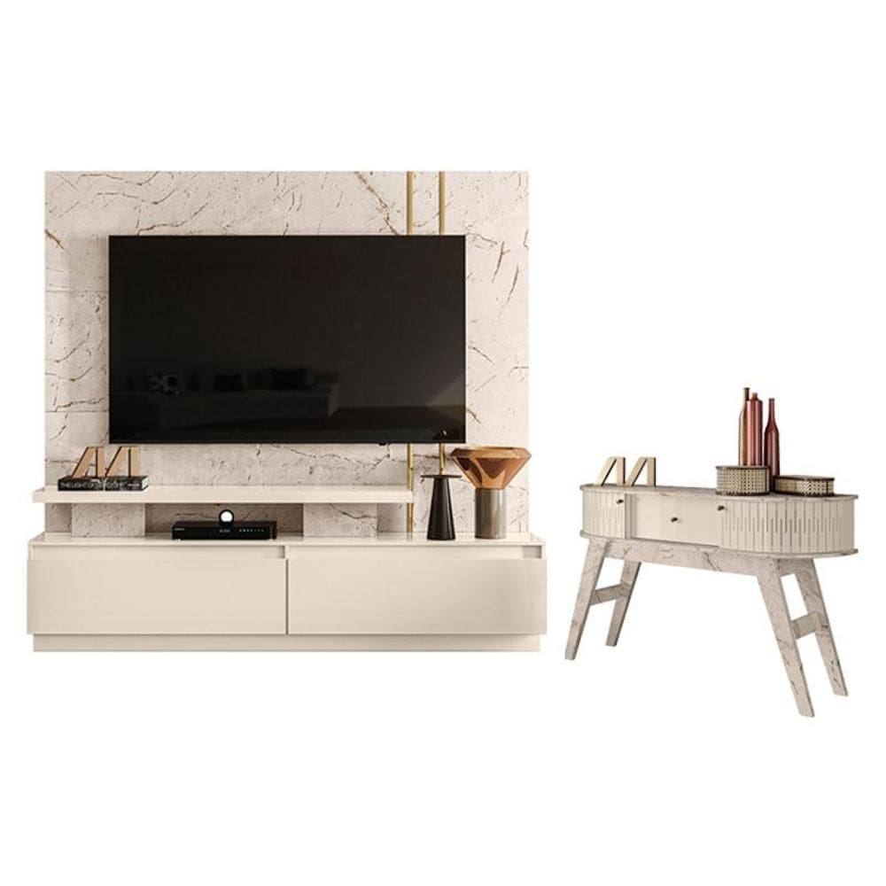 Estante Home Theater New Apolo com Aparador Estoril Calacata Off White – Madetec