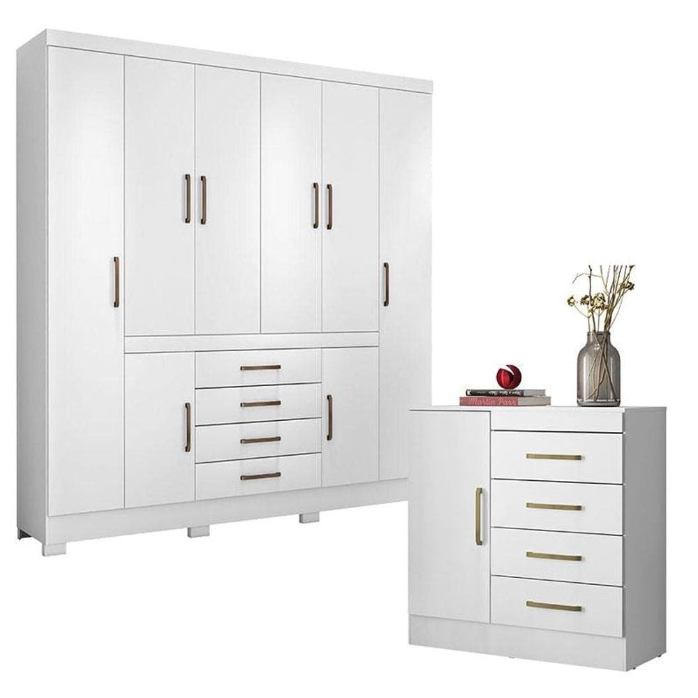 Cômoda Montevidéu e Guarda Roupa Casal New Realce Branco - Demóbile