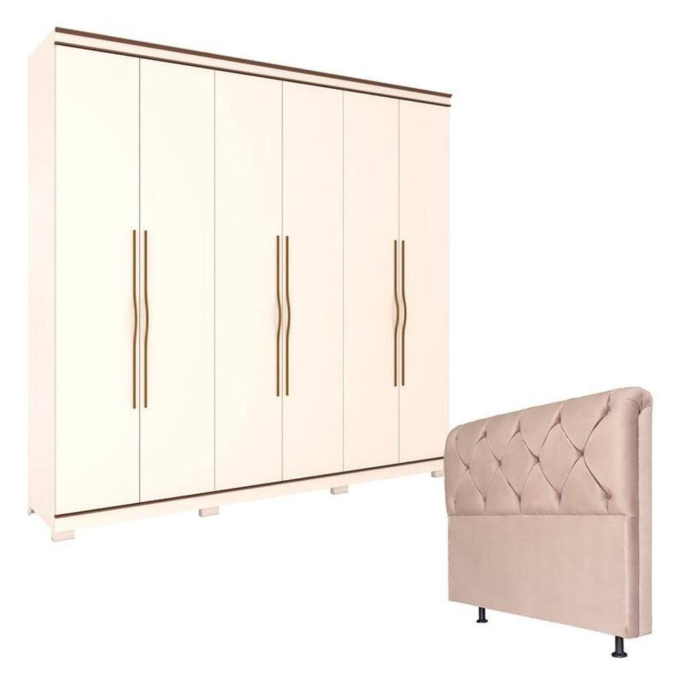 Guarda Roupa Casal Titano Off White Castanho com Cabeceira Daiana 140 cm Marfim – Henn