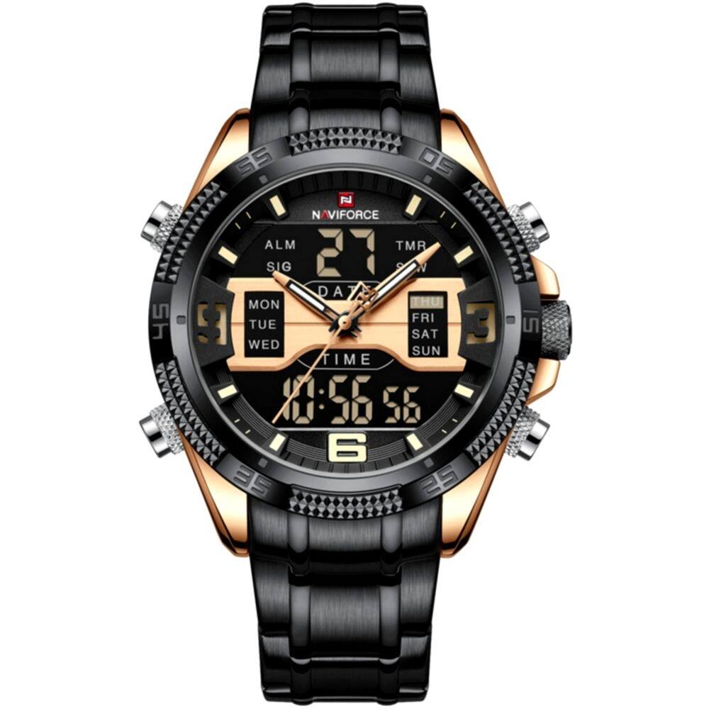 Relógio de masculino em aço inoxidavel luminoso display LCD design esportivo