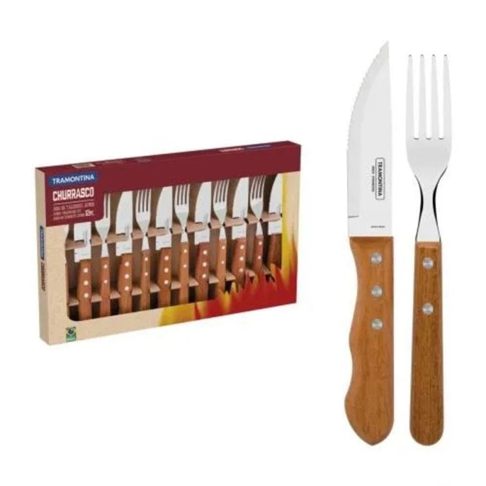 Jogo para churrasco aço inox e cabos de madeira 12 peças Tra