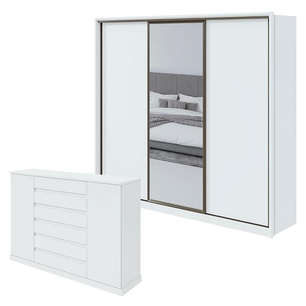 Guarda Roupa Spazio 270 com Espelho e Cômoda Vedra Branco Brilho - Lopas