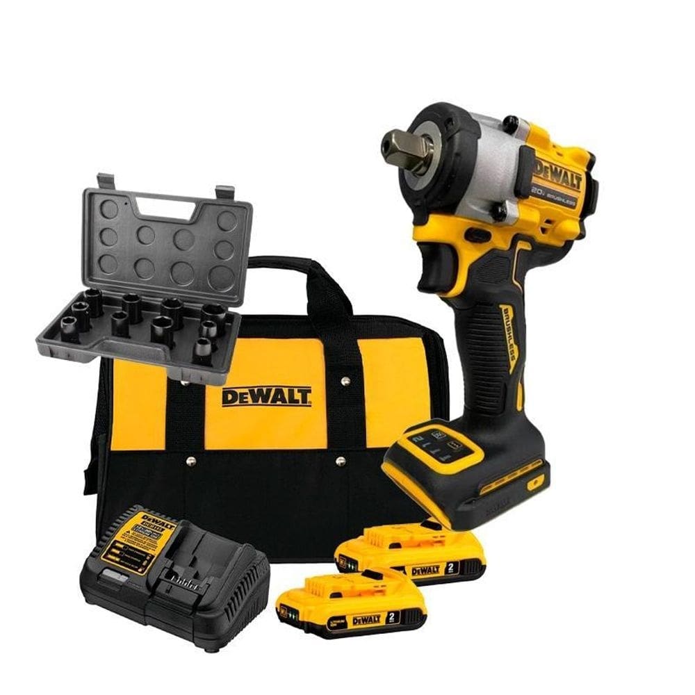 Chave de impacto 1/2 a bateria 20v dewalt dcf922d2-br com 2 baterias 2ah carregador bivolt + jogo de soquete 10 pecas