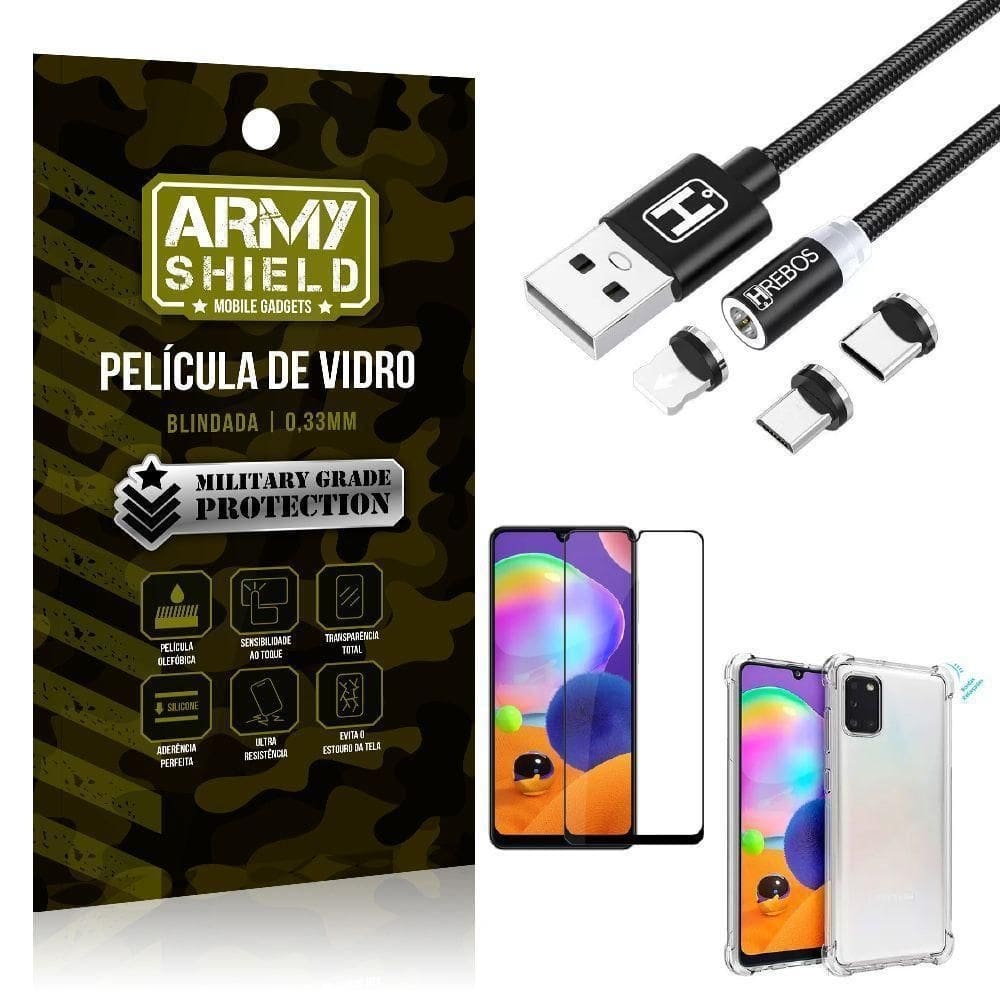 Capinha samsung a31 + cabo magnético 2m + pelicula 3d army