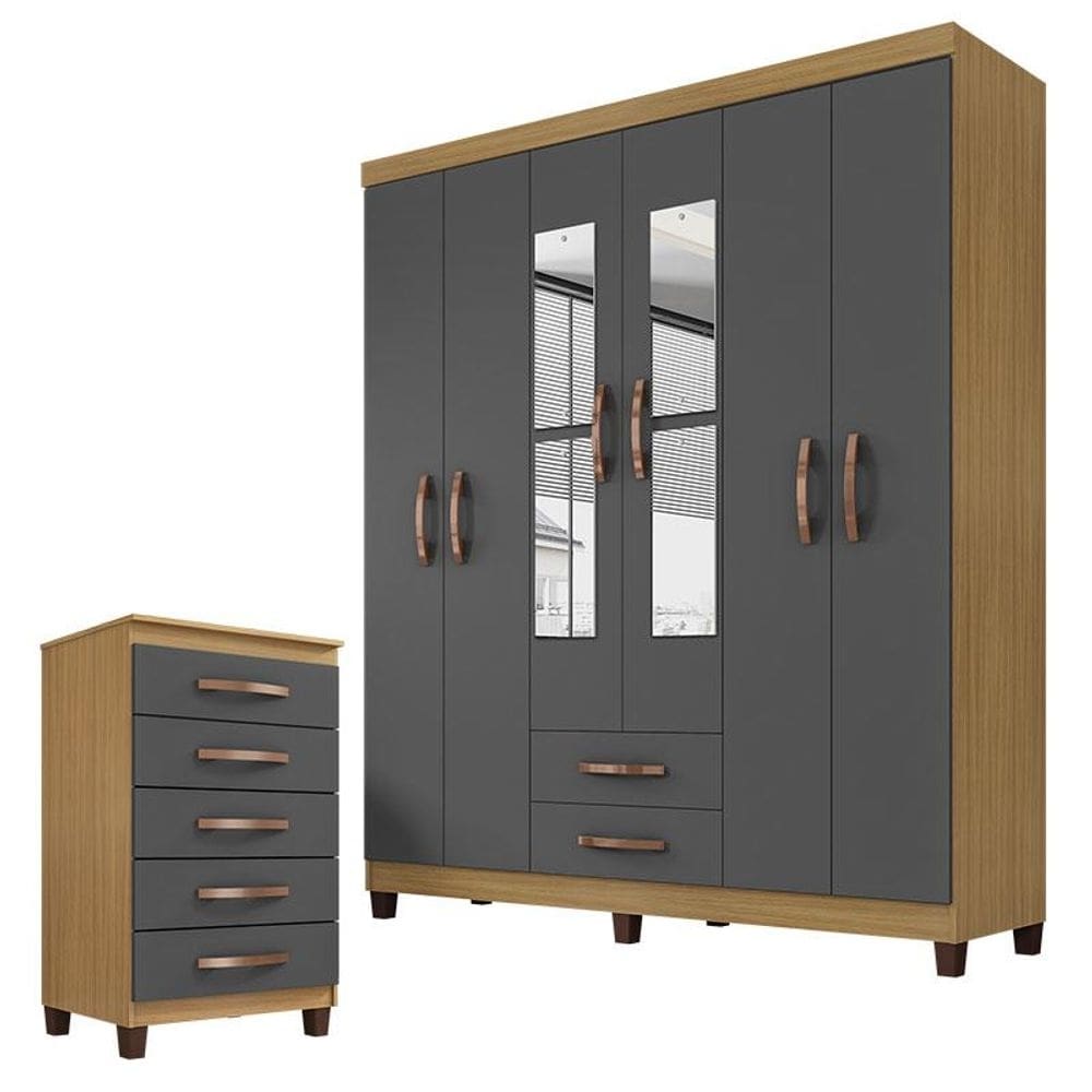 Guarda Roupa Casal Modena com Cômoda Cannes 5 Gavetas Grafite – Incorplac
