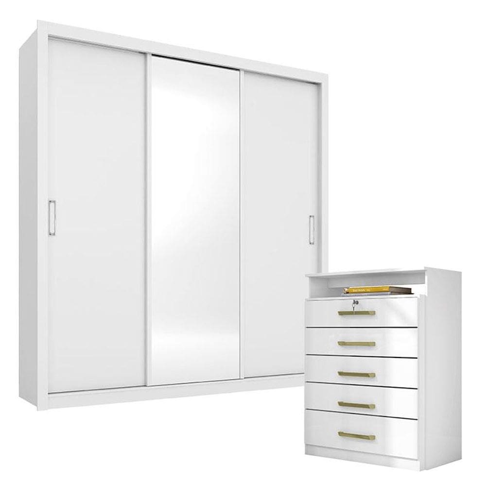 Cômoda Triunfo e Guarda Roupa Casal Residence Branco - Demóbile