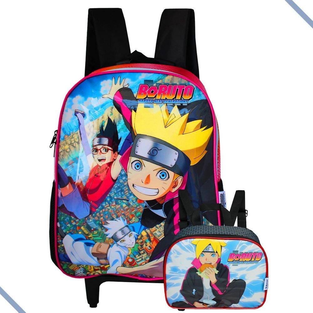 Mochila rodinhas boruto + lancheira térmica naruto rosa