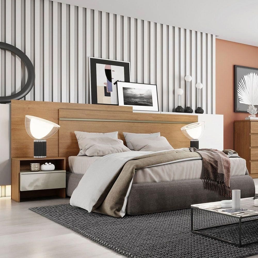 Cabeceira Box Casal Volga Com 2 Mesas De Cabeceira Cumaru/fendi