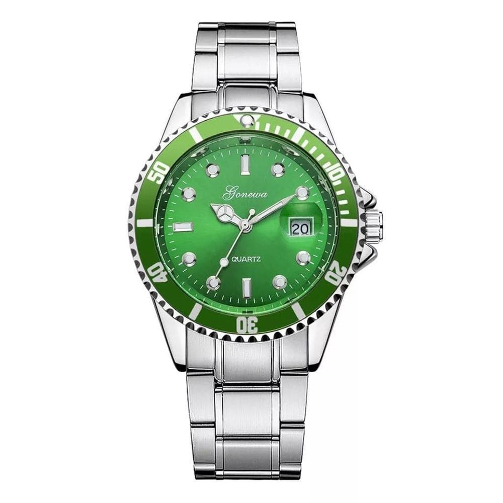 Relógio masculino prata luxo verde com caixa