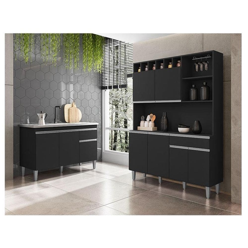 Balcão de Pia Tatiane 120 cm e Armário Cozinha Kit Alice Ambiente Preto Fosco - AJL