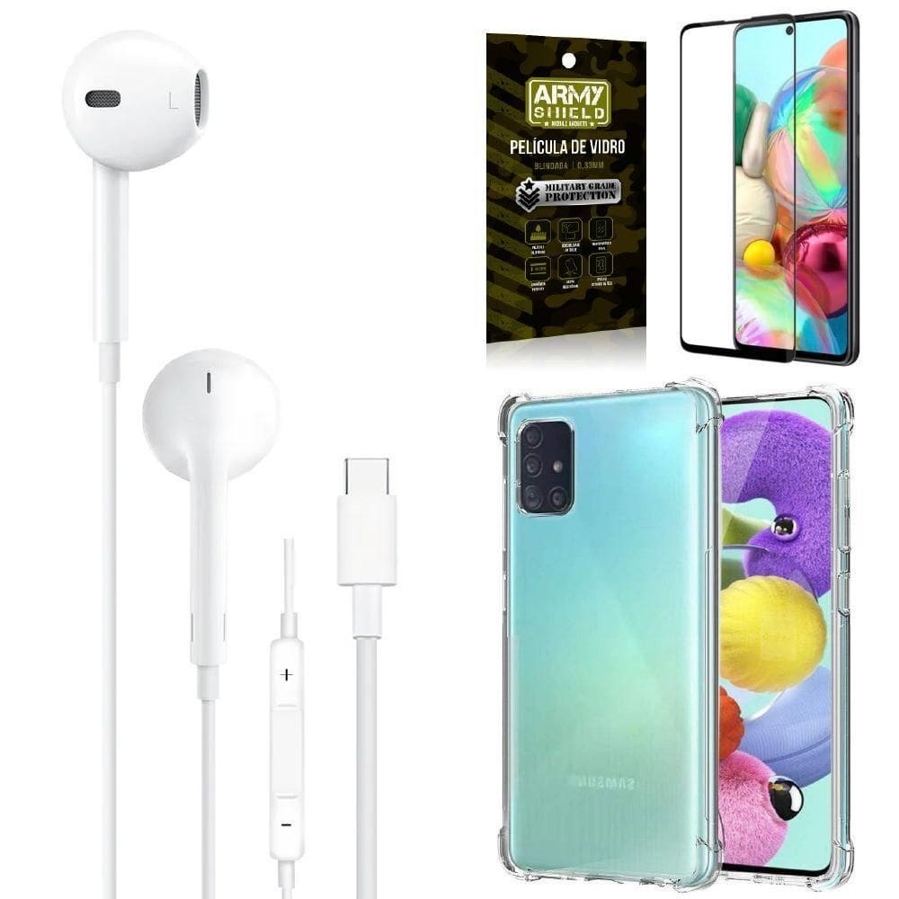 Capa samsung a71 + fone de ouvido tipo c + película 3d