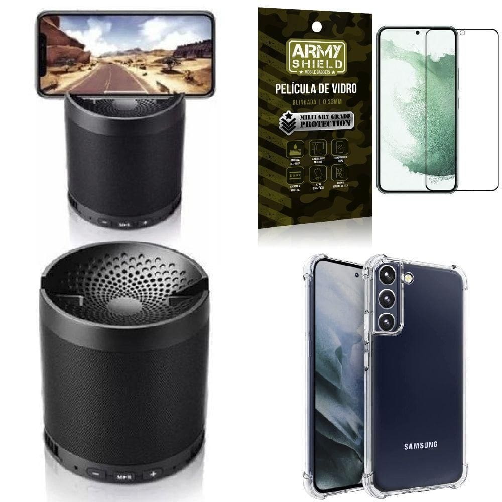 Capa samsung s22 plus + som bluetooth potente q3 + película