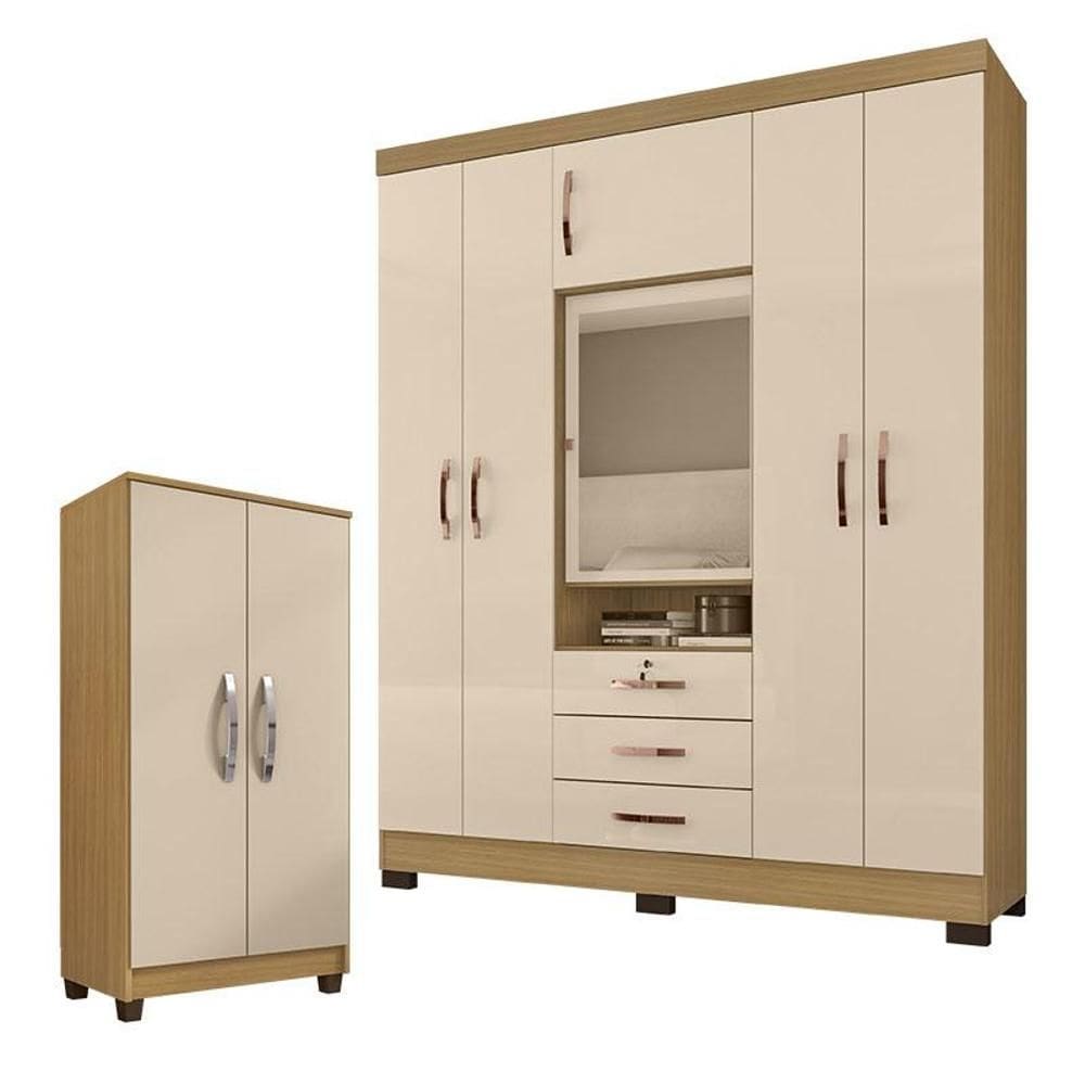 Guarda Roupa Casal Imperial com Armário Multiuso Recife Carvalho Americano Off White – Incorplac