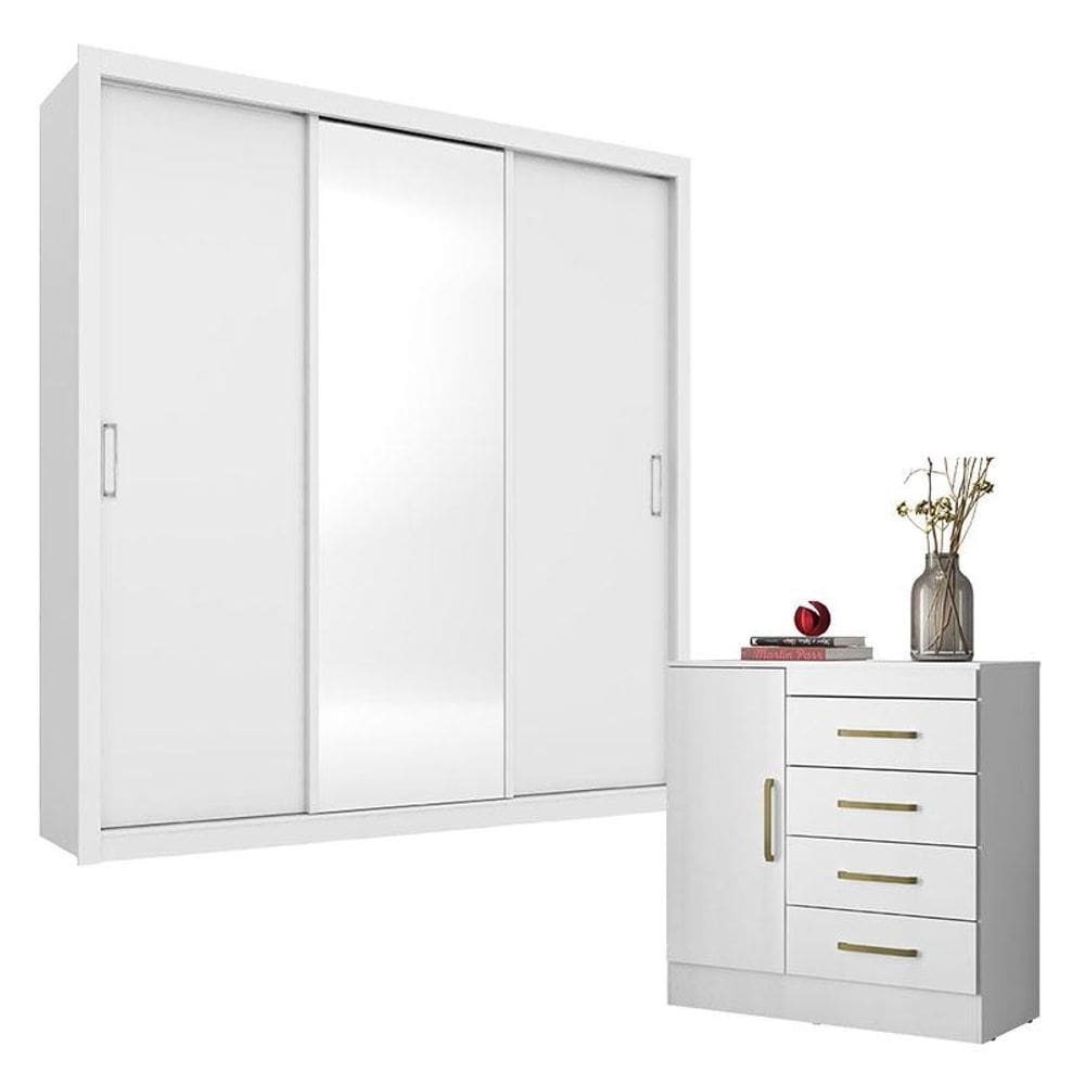Cômoda Montevidéu e Guarda Roupa Casal Residence Branco - Demóbile