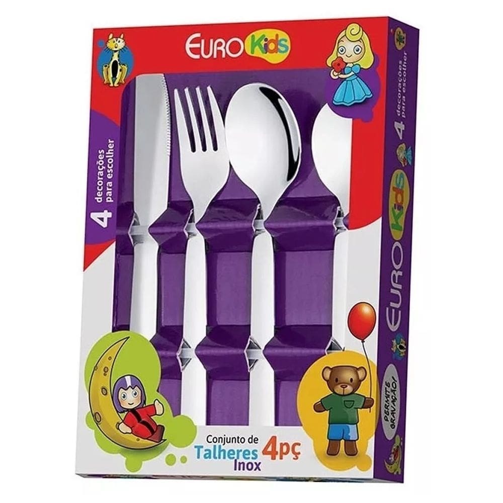 Talheres infantil encantado 4 peças aço inox euro home