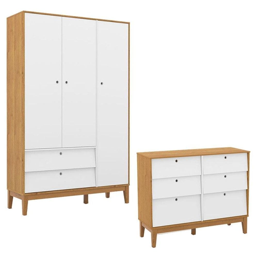 Cômoda 6 Gavetas e Guarda Roupa Unique 3 Portas Freijó Branco Soft Eco Wood - Matic