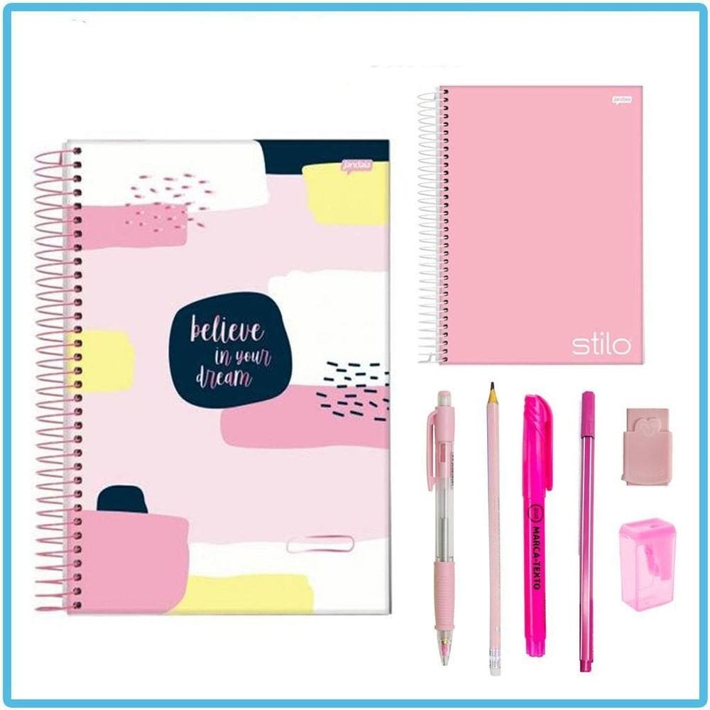 Kit papelaria tons de rosa cor rosa escolar neon pastel