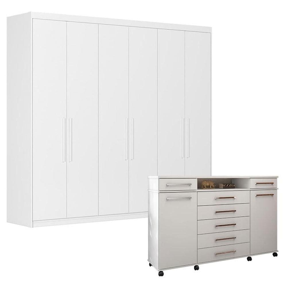 Cômoda London e Guarda Roupa Casal Venice 62580 Branco Brilho - Demóbile