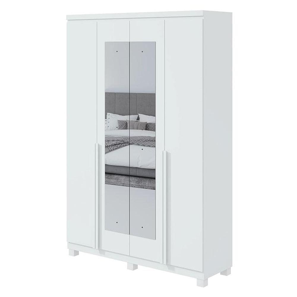 Guarda Roupa Solteiro Alonzo 4 Portas Branco Brilho com Espelho e Pés - Lopas