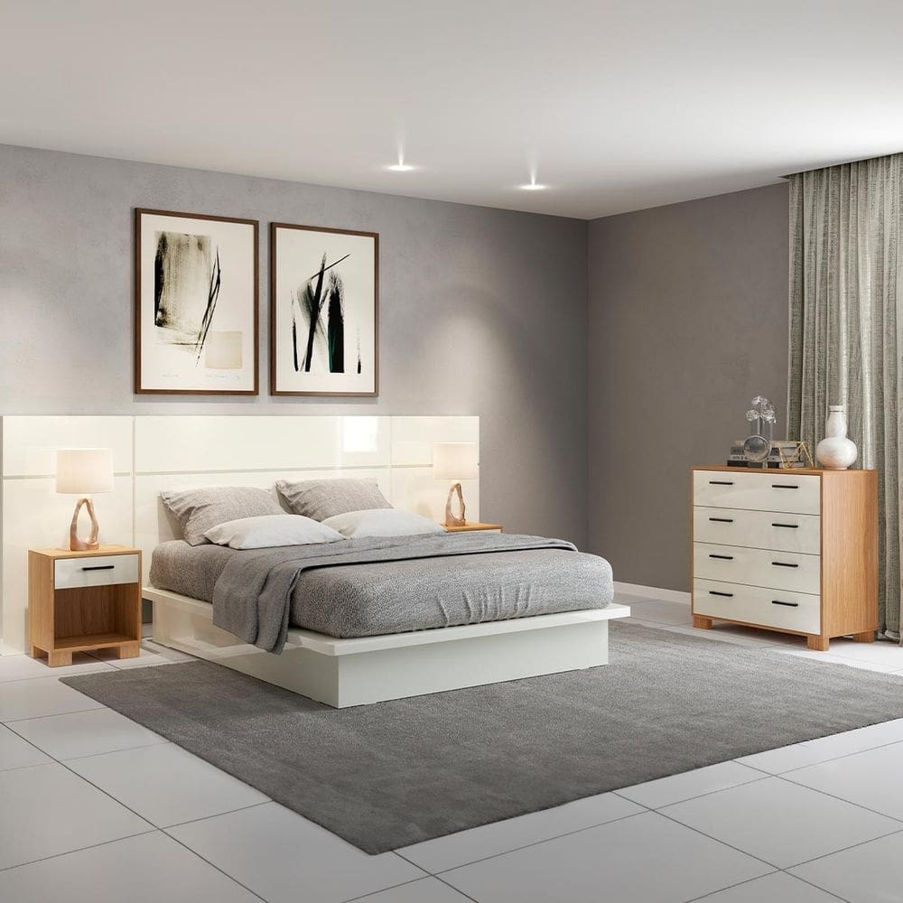 Conjunto para Quarto Base Cama com Cômoda e 2 Mesas de Cabeceira MDF Off White Dalla Costa