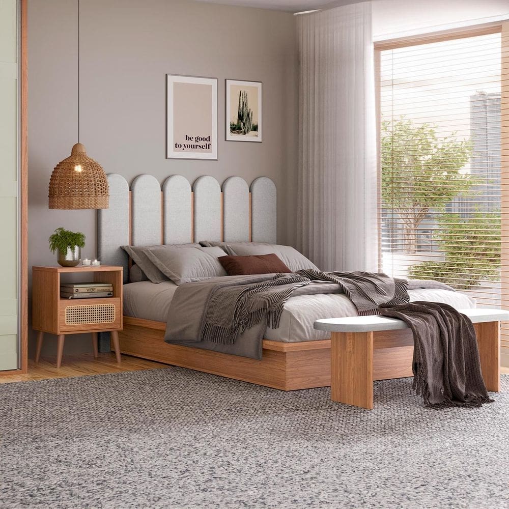 Conjunto Quarto 2 Mesas de Cabeceira com Cama Base Casal MDF Freijó Dalla Costa