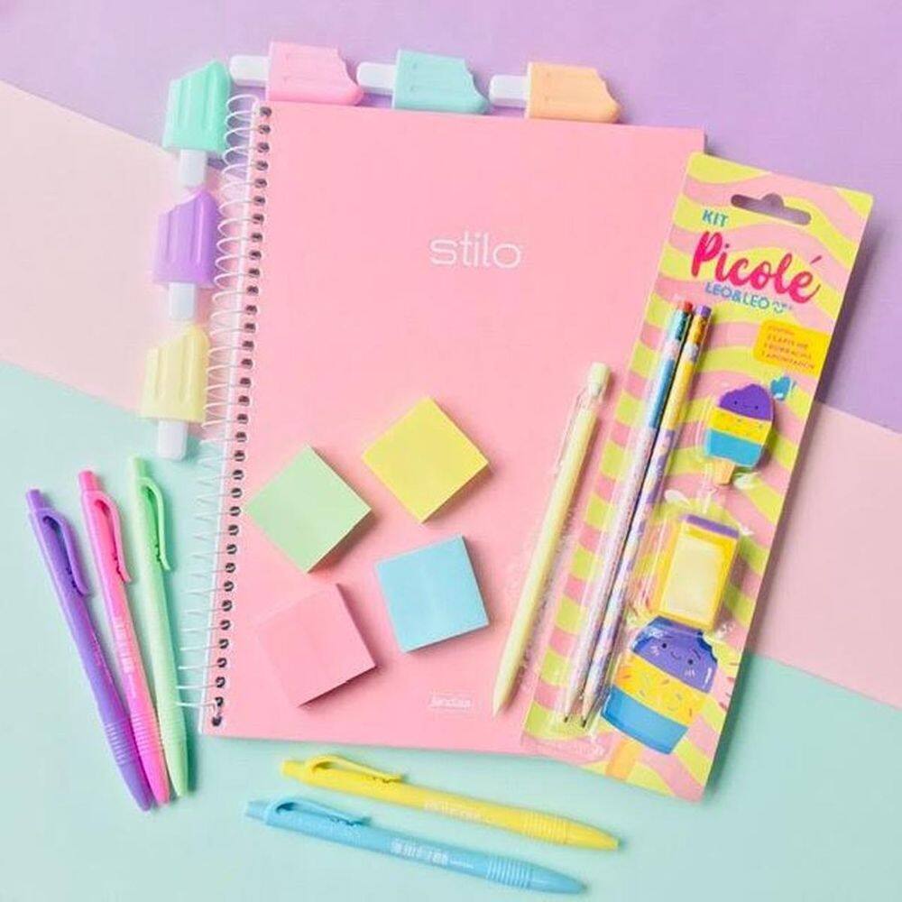 Kit papelaria picolé 2.0 fofo tons pasteis caderno canetas