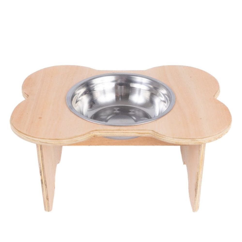 Comedouro Pet Elevado Em Madeira Inox Formato Osso Cachorro