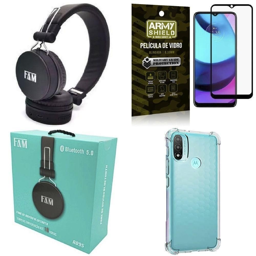 Capinha moto e20 + fone bluetooth a095 + película 3d