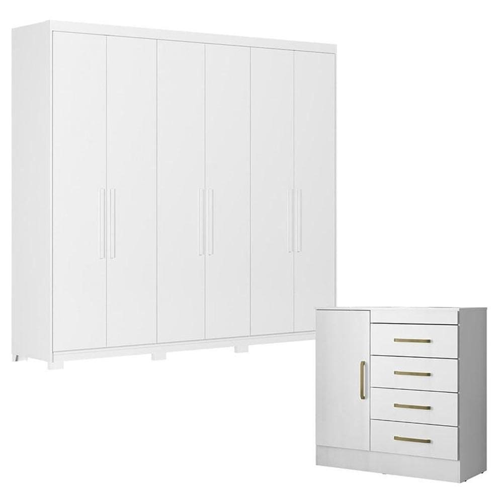Cômoda Montevideu e Guarda Roupa Casal Venice 62580PE Branco Brilho com Pés - Demóbile