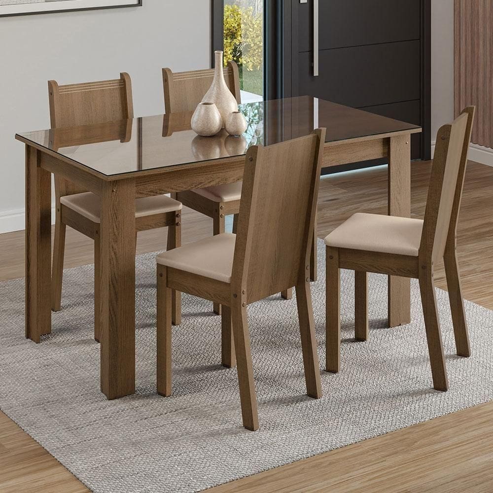 Conjunto Sala De Jantar Mesa Tampo De Vidro 4 Cadeiras Rustic/sintético Bege Kiara Madesa Rustic/bege