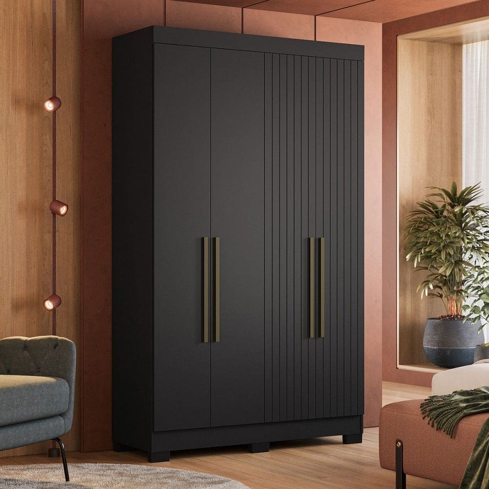 Guarda-Roupa Solteiro Dakota 4 Portas 2 Gavetas Preto - Olivar Móveis
