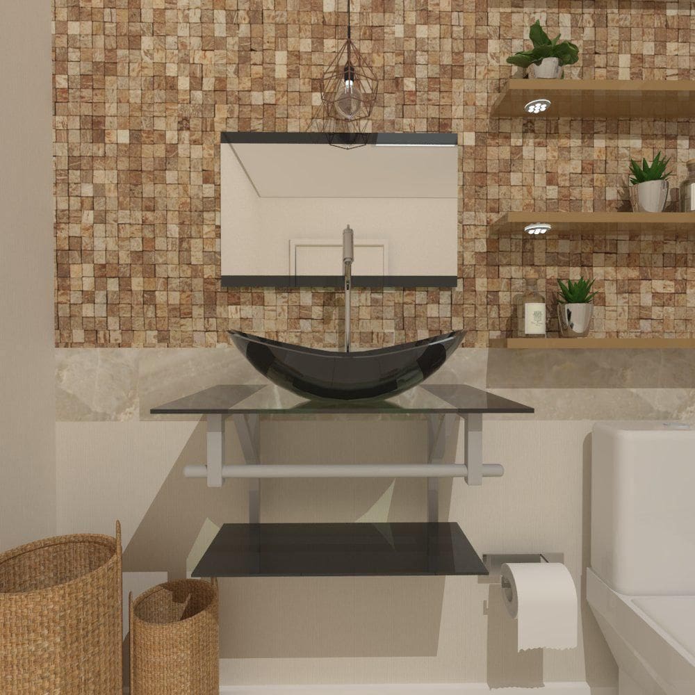 Gabinete de vidro 40cm ac com cuba oval preto torneira metal