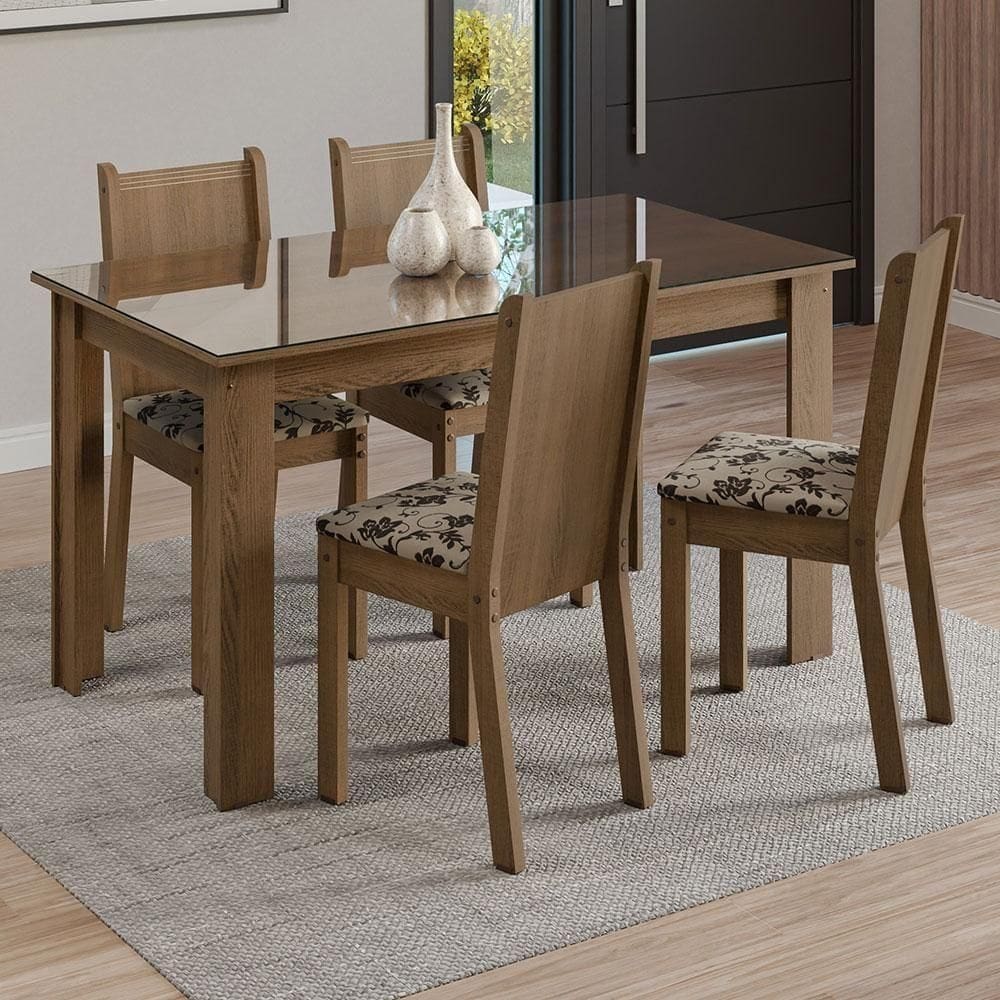 Conjunto Sala De Jantar Mesa Tampo De Vidro 4 Cadeiras Rustic/bege Marrom Kiara Madesa Rustic/bege Marrom