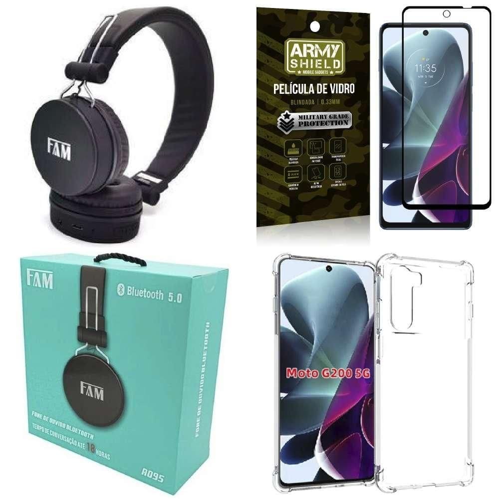 Capinha moto g200 5g + fone bluetooth a095 + película 3d
