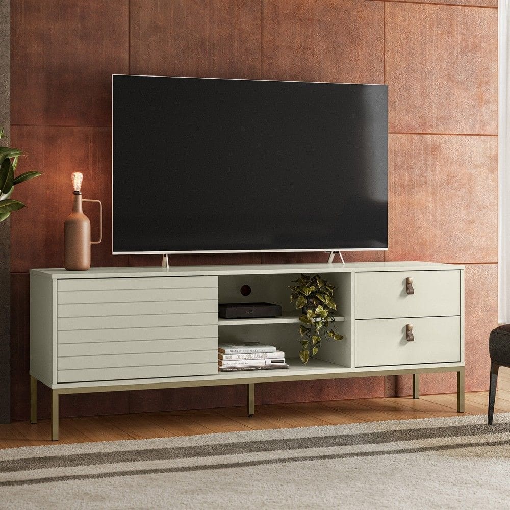 Rack Industrial Frizado Dior P/Tvs até 65 Polegadas 162cm 2 Gavetas Off White - Olivar Móveis