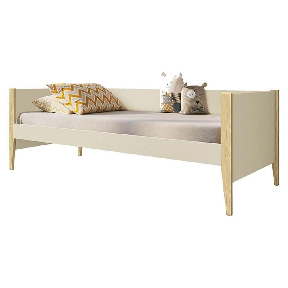 Cama Solteiro Noah Areia com Pés Madeira Natural - Reller