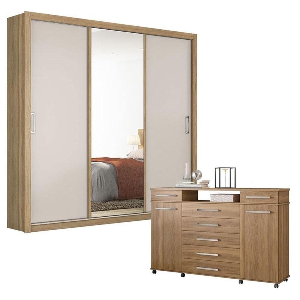 Cômoda London e Guarda Roupa Casal Residence Amêndola Off White - Demóbile