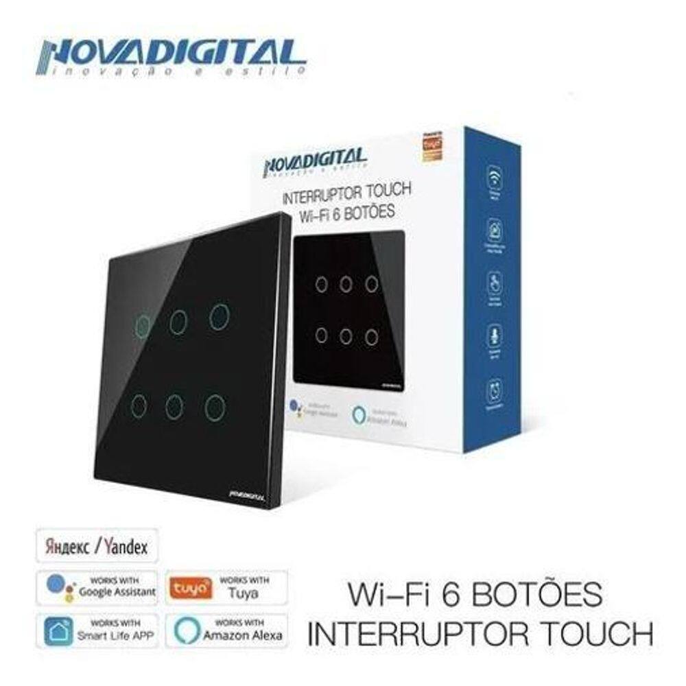 Interruptor inteligente wifi 6 botões 4x4 alexa google preto