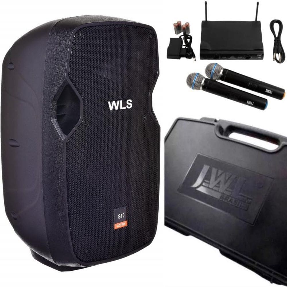 Caixa acústica wls s10 bt ativa + 2 microfones sem fio jwl