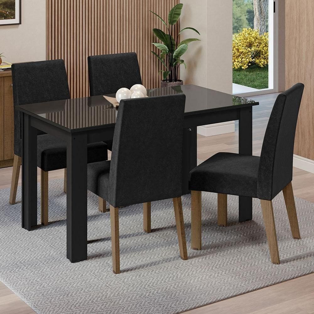 Conjunto Sala De Jantar Mesa Tampo De Vidro 4 Cadeiras Preto/oxford Antônia Madesa