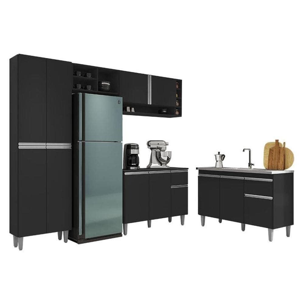 Cozinha Vanessa e Balcão de Pia Tatiane 120 cm Preto Fosco - AJL