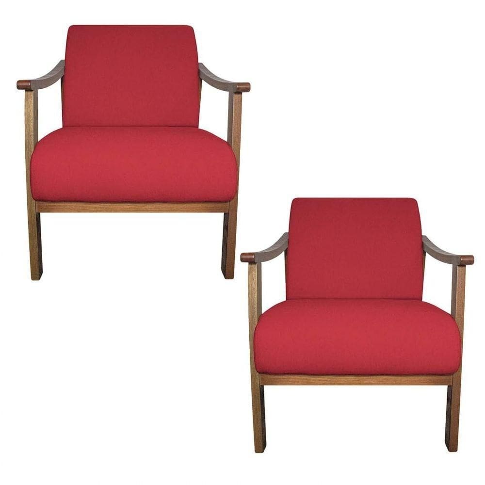 Kit 02 Poltrona Liz Base Madeira Suede Vermelho